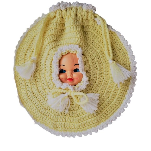 Vintage Doll Face Crochet Pillow Cover 14" Round - Picture 2 of 9